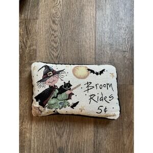 Witch Halloween Broom Rides Tapestry Accent Pillow Cat Moon Bat